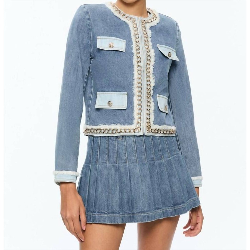 Alice + Olivia Landon Cropped Denim Jacket Avery Blue Gold Chain Sz M